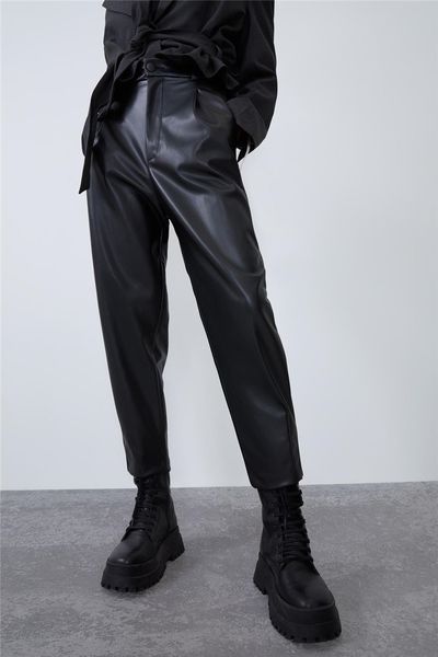 

capri women plutonium leather suits ol'girl bottoms office ladies wear spring high waist pants, Black;white