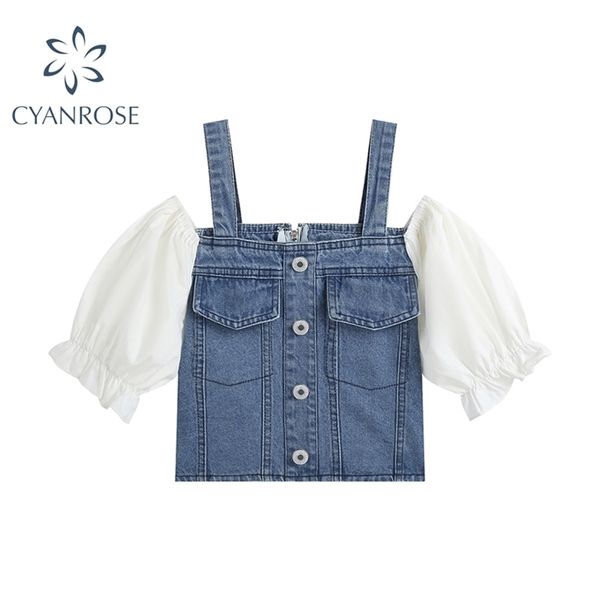 

patchwork short sleeve denim blouse women summer off shoulder stitching suspender shirts fashion female crop 210515, White