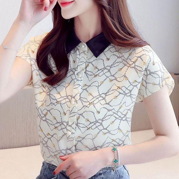 

blouse women summer blouse shirt women short sleeve striped print chiffon blouse women clothes shirts blusas d138 210602, White