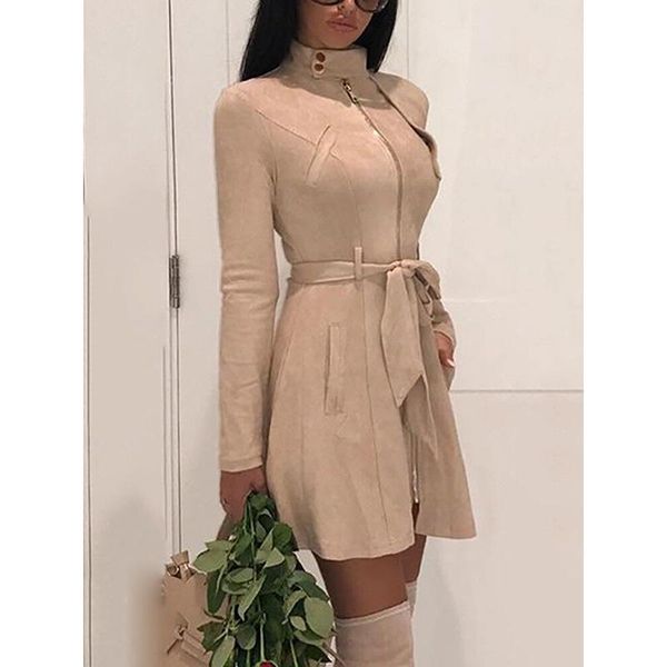 

women's trench coats spring autumn casual sash suede coat leather pocket long women warm outwear overcoat female, Tan;black