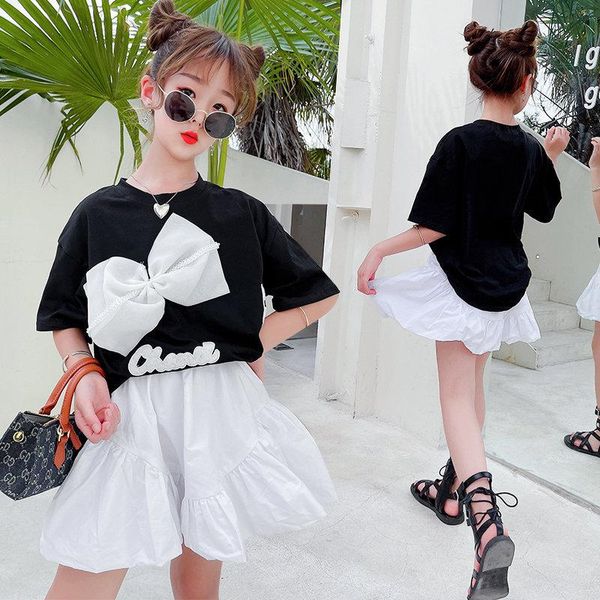 

clothing sets summer girls 2 pcs set korean style teenager big bow skirt kids tracksuit children clothes fashion casual outfits 5 to 14y, White