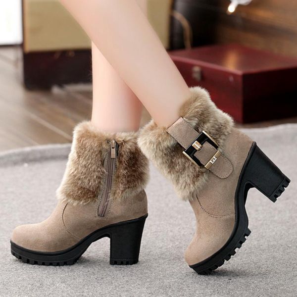 

boots square heel winter shoes women classic buckle warm fur ladies high black platform ankle