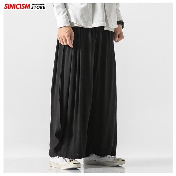 

men's pants sinicism store men cotton linen chinese style wide leg mens buckle casual loose straight male 2021 black trousers