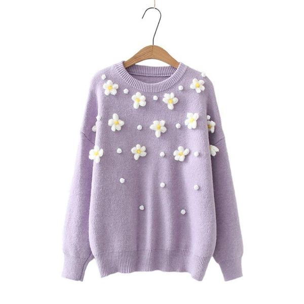 

women's sweaters purple solid minimalist floral appliques knitted casual sweater women 2021 autumn long sleeve o-neck korean ladies bas, White;black