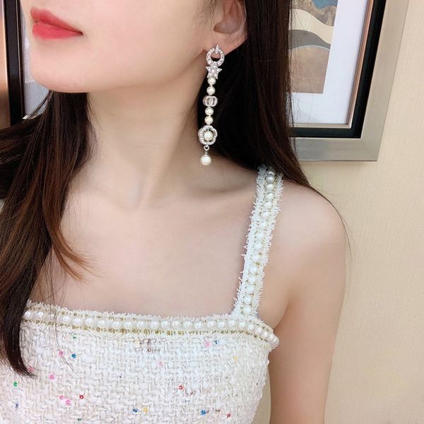 

c2281 fashion star letter earrings long tassel imitation pearl earrings women's party with exquisite jewelry, Golden;silver