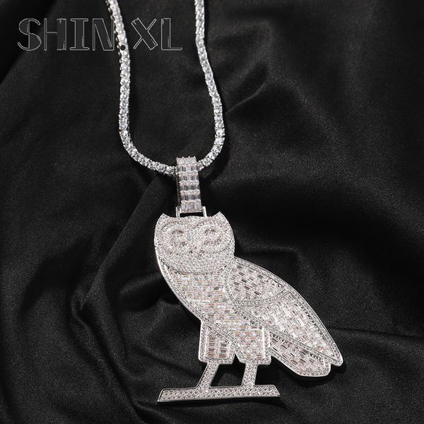 

hip hop iced out retro owl zircon pendant long necklace tide brand animal bling jewelry gift, Silver