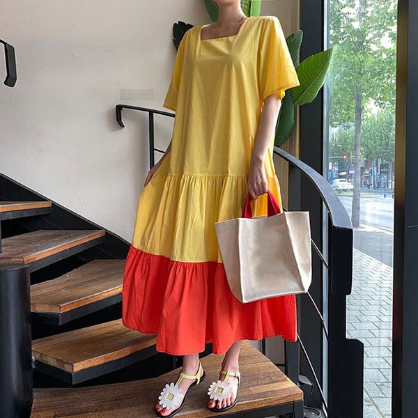 

casual dresses [ewq] 2021 summer ladies robe women vintage loose high waist slim was thin elegant hit colo splice short sleeve ruffles dress, Black;gray