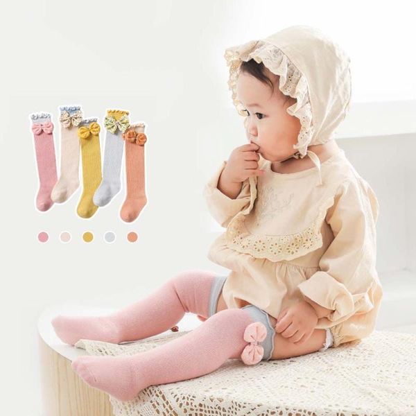 

socks bow mesh born baby girls kids for christmas non-slip terry cotton sokken princess knee high long autumn winter, Pink;yellow