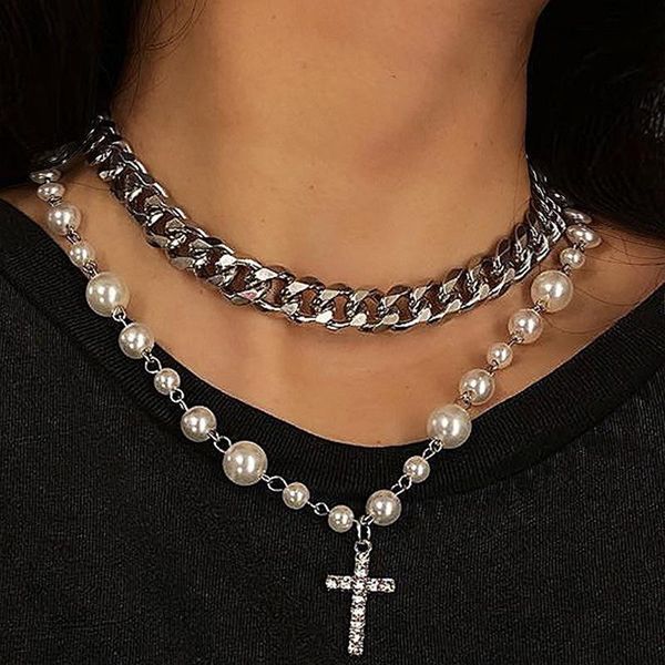 

pendant necklaces japanese and korean fashion ornament creative cross chain net red street racket pearl necklace, Silver