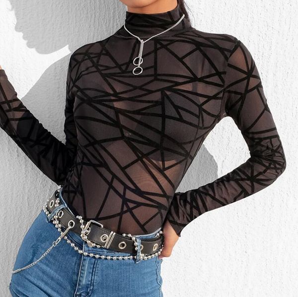 

women's black color geometric print mesh bodysuit female club party performance casual tees r733 jumpsuits & rompers, Black;white