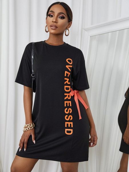 

letter graphic tie side tee dress l8mx#, Black;gray