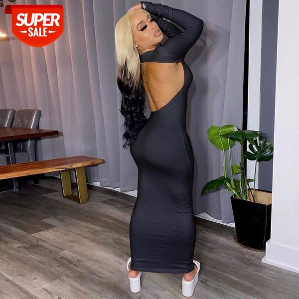 

women elegant slim dress fashion backless hollow out solid color long sleeve sheath for party clubwear #lq2r, White;black