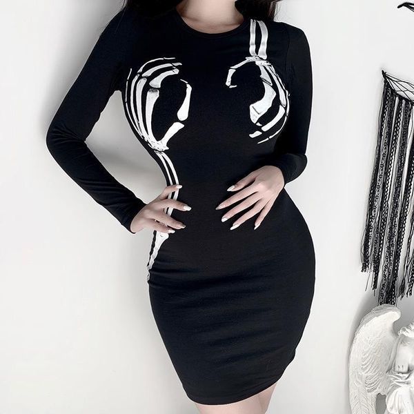 

woman gothic dress dark style print o-neck slim body dresses women push up hip stretch sheath clothes 2021 aesthetic casual, Black;gray