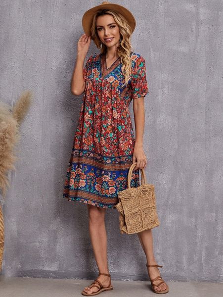 

floral print v-neck ruffle hem dress p33i#, Black;gray