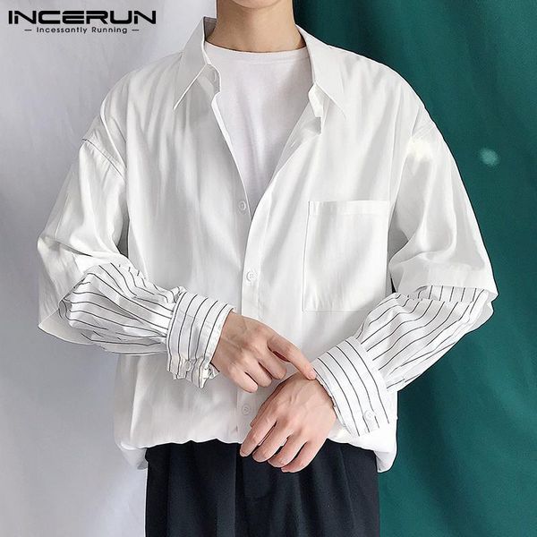 

men's casual shirts incerun 2021 korean style long sleeves camisa loose blouse comfortable stitching handsome striped solid color shirt, White;black