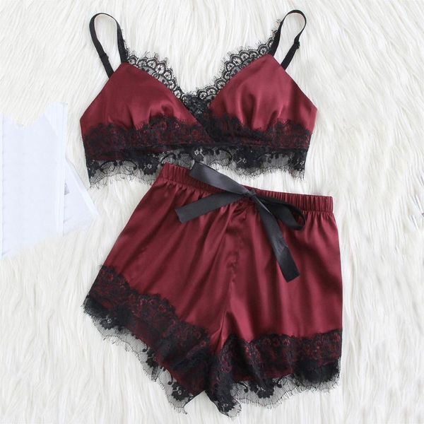 

bras sets lace pijama dot print women's pajama v-neck stretch satin lingerie sleepwear pajamas home wear nightwear clothing #t1p, Red;black