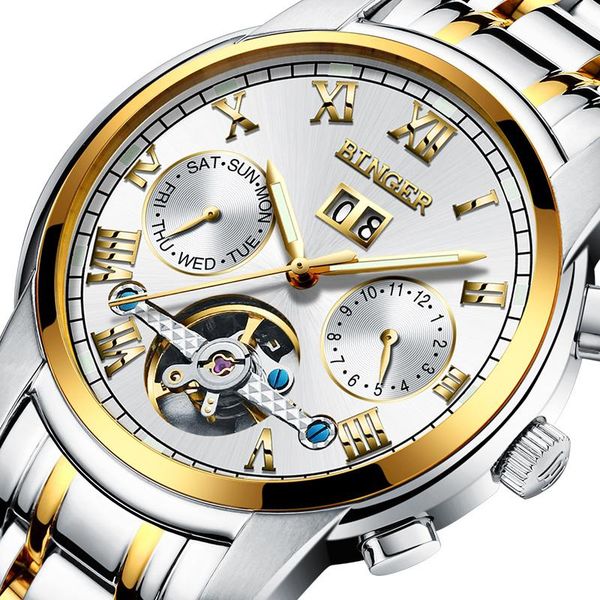 

switzerland mechanical watch men sapphire binger waterproof wristwatches skeleton male clock b8601-8, Slivery;brown