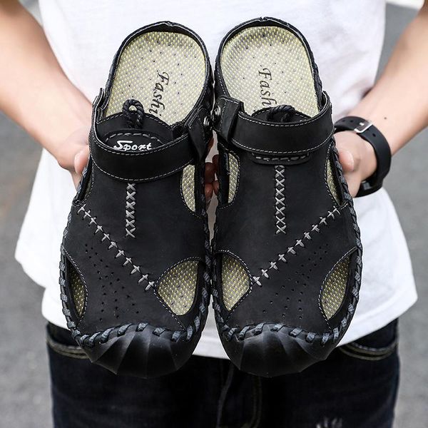 

sandals 2021 genuine leather men shoes cow mens summer men's sandal male, Black