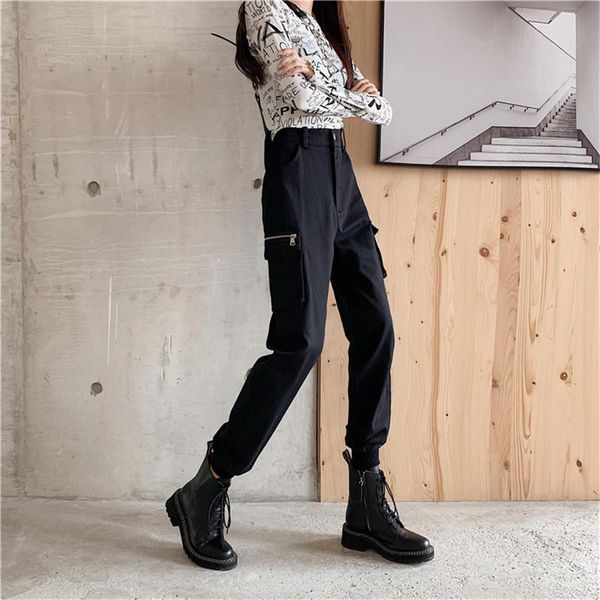 

women's pants & capris jujuland streetwear cargo women casual joggers black high waist loose female trousers korean style ladies capri, Black;white