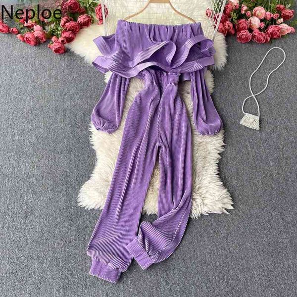 Neploe Frauen Overalls 3D Rüschen Off Schulter Bodys Sexy Puff Langarm Schlanke Taille Gerade Hosen Plissee Elegante Strampler 210422