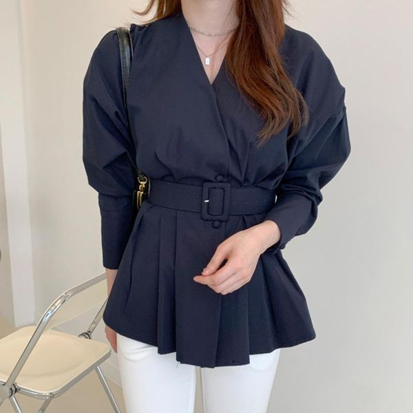 

women's blouses & shirts [ewq] korean style chic autumn simple v-neck cross-edge button puff sleeve black shirt with belt women fashion, White