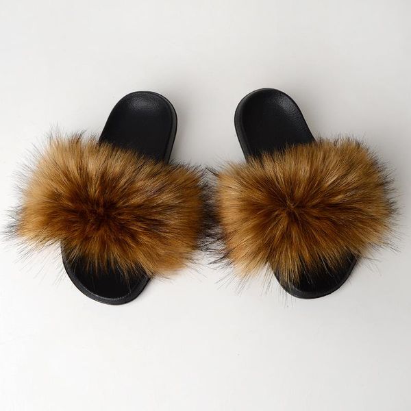 

slippers fashion summer fur slides home furry flat sandals women shoes winter warm beach flats, Black
