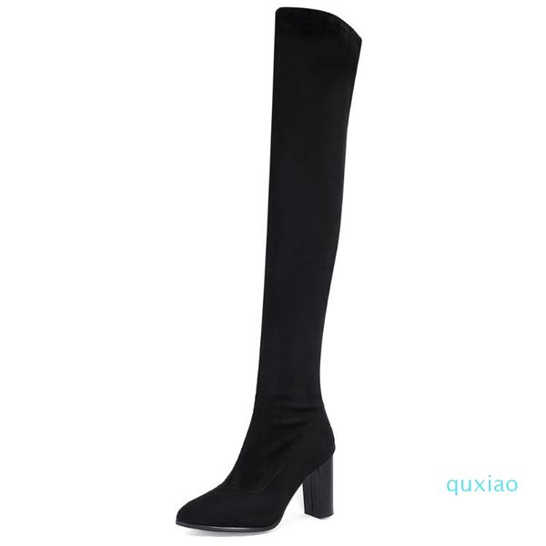 

boots big size 43 over-the-knee casual thick square heels flock solid autumn women shoes, Black