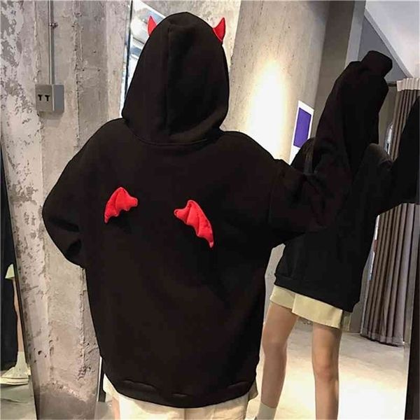 Harajuku Hoodies Kız Küçük Şeytan Boynuzları Gotik Kapüşonlu Kazak Şeytan Sinek Kanatları Gevşek Kazaklar Cep Tops Streetwear 210809