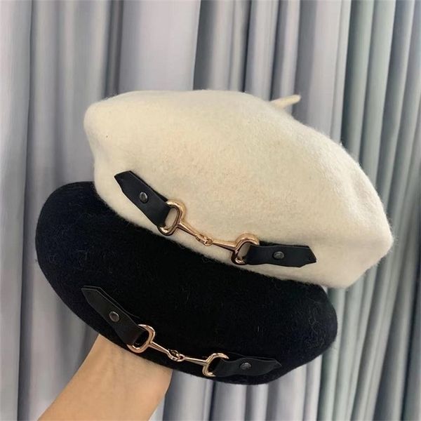 

design female wool tweed autumn winter chain beret british painter hat pumpkin versatile bud black 70% off, Blue;gray