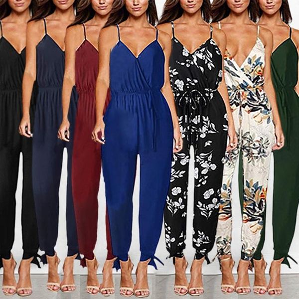 

women's jumpsuits & rompers laamei 2021 floral print drawstring women overalls female v neck bodysuit sleeveless side split tracksuit, Black;white