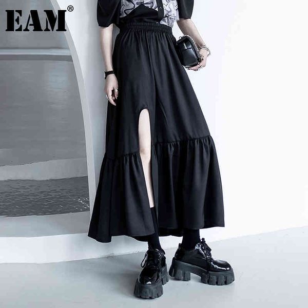 

[eam] high elastic waist black ruffles print slit half-body asymmetrical skirt women fashion spring autumn 1dd7536 21512