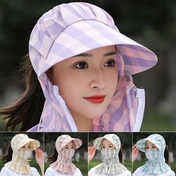 

wide brim hats 2021 women anti-uv sun hat multi function summer lady striped visor cap neck protect riding hunting, Blue;gray