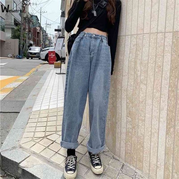 

autumn bleached casual boyfriend denim wide leg pants oversize high waist jean streetwear loose vintage woman long jeans 210629, Blue