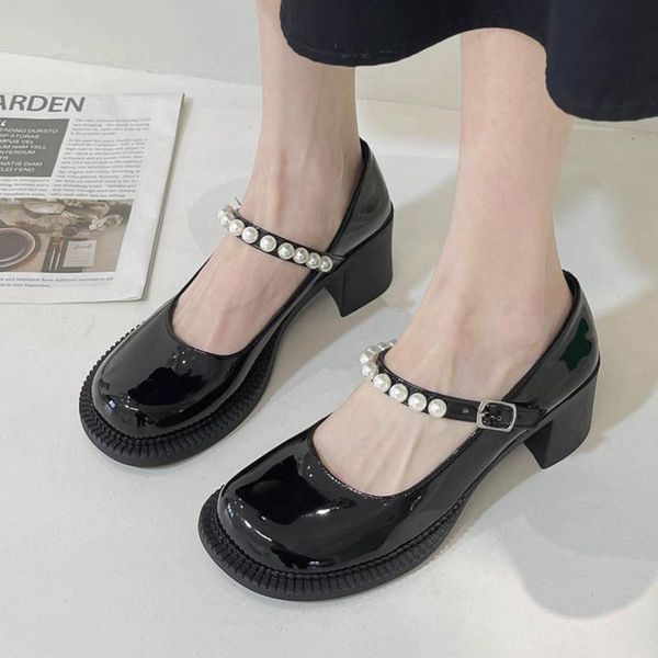 

dress shoes rimocy fashion pearl ankle strap lolita 2021 patent leather square heel mary jane woman summer elegant casual, Black