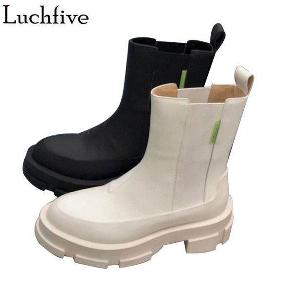 

boots 2021 leather for women round toe ladies thick bottom platform shoes runway black white ankle