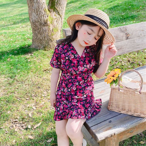 Sommer Mädchen Kleid Baby Chiffon Kleid Kinder Vestidos Kinder Mode Kleidung Französisch Stil Vintage Floral Crop Fischschwanz 2 bis 9 Jahre Q0716