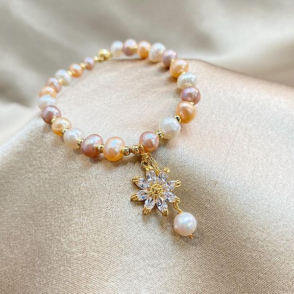 

beaded, strands special-shaped freshwater pearl bracelet small fresh micro-inlaid zircon sun flower pendant sen, Black