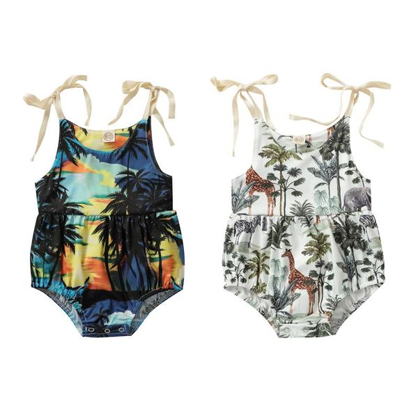 

rompers citgeesummer infant baby boys girls jumpsuits coconut tree/animal print sleeveless belt bodysuit casual clothes, Blue