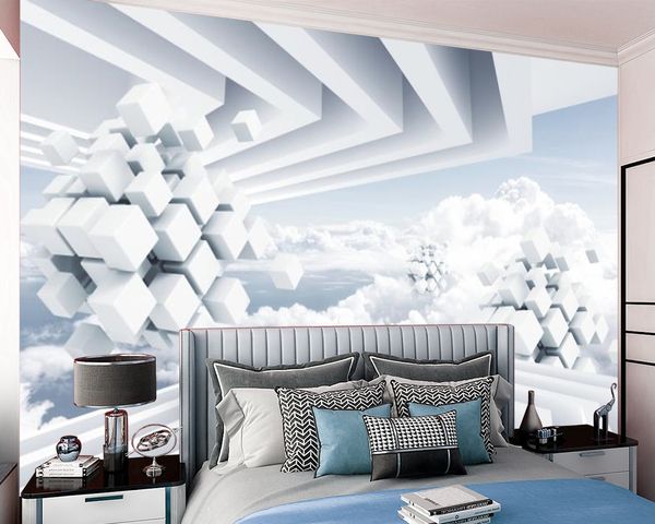 3D Modern Landscape Papel de Parede Bonito Nuvem Branco Cubo Cubo Espaço Decoração Casa Pintura Pintura Papéis de Parede Wallpapers