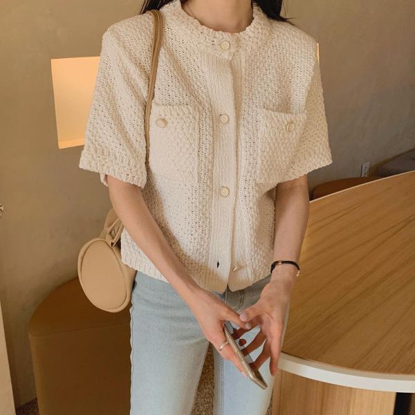 

women's jackets 2021 korean style round neck chic single-breasted loose small fragrant short-sleeved sweater coat cardigan women, Black;brown