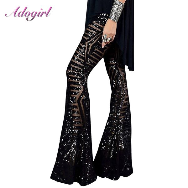 

casual sequins wide leg long pants women 2019 glitter silver black high waist trousers female outfit streetwear club flare pants, Black;white