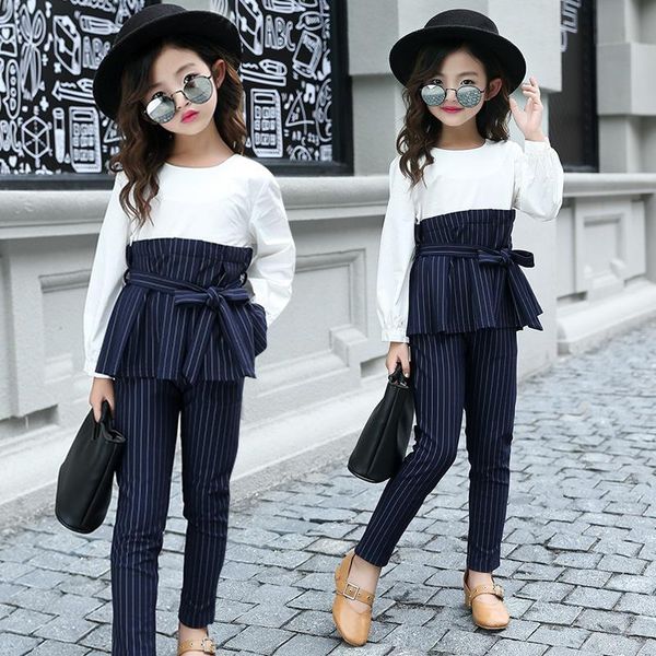 

clothing sets 2021 spring school kids striped outfits shirts & pants suits girls autumn patchwork teen clothes, White