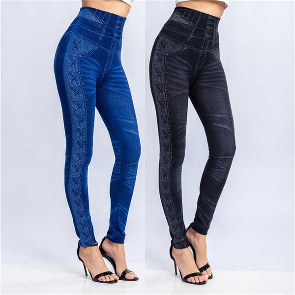 Mulher esporte senhora jeans falso jeans leggings jeggings streth calças com bolsos azul preto magro leggings jeans calças skinny q0801