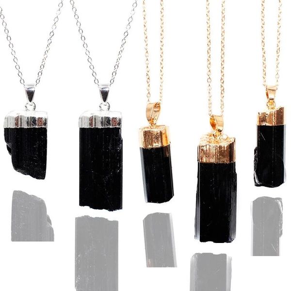 

pendant necklaces natural crystal necklace raw black tourmaline gold /silver plated reiki healing irregular druzy quartz jewelry for women