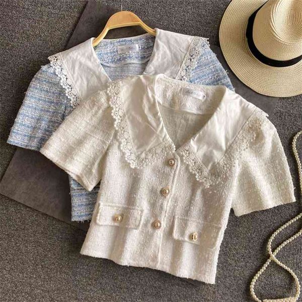 Lace Peter Pan Collar Kawaii Doce Cropped Mulheres Camisa Casual Tweed Blusas Femme Corean Chic Crop Top Meninas Woolen Blusas Mujer 210514