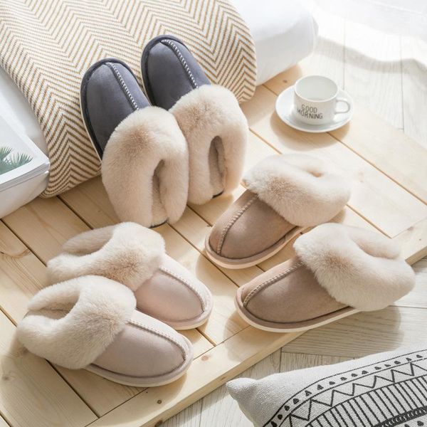 

luxury faux suede home women full fur slippers winter warm plush bedroom non-slip couples shoes indoor ladies furry, Black