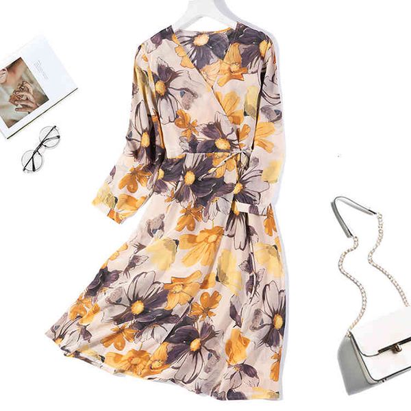 

dress women's 100% pure silk v neck sleeve two layers printed long wrap dress  l jn058, Black;gray