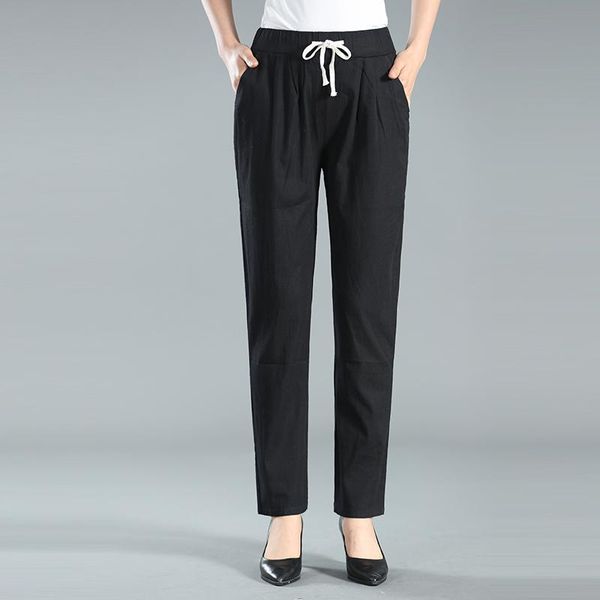 

women's pants & capris middle-aged women summer multicolor high waist casual cotton straight female black full-length trousers plus siz, Black;white