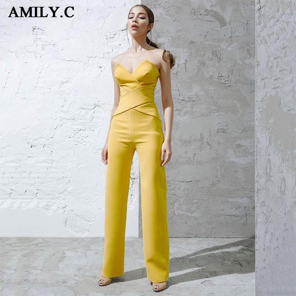 

women's jumpsuits & rompers amily.c2021 autumn jumpsuit celebrity club party bodycon sleeveless strapless v-neck straight yellow, Black;white