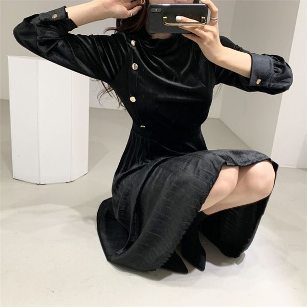 

2021hzirip 2021 retro style velvet office lady slim elegant ol work wear fashion chic high waist women long dresses, Black;gray